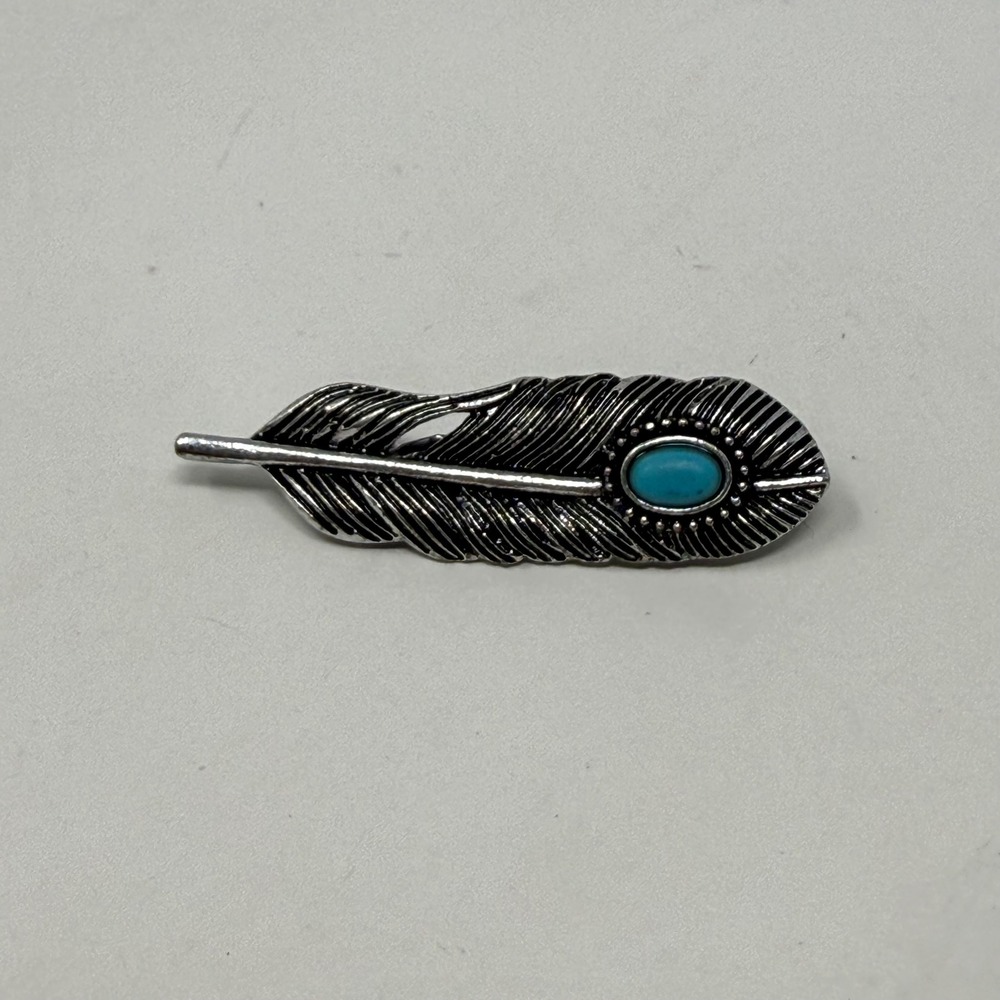 Vintage Silver Tone Faux Turquoise Feather Brooch‎ Southwestern Lapel Hat Pin 2"